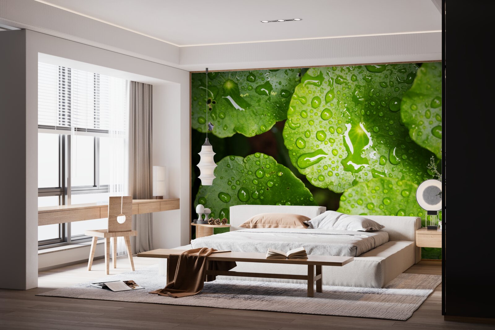 Фотошпалери листя, омите краплями дощу, набуло насиченого зеленого відтінку