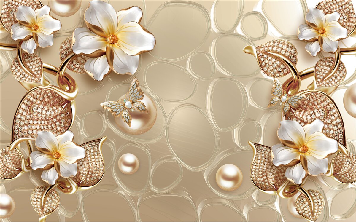 Фотошпалери перлини на шовку розвивають гілки з білими квітами