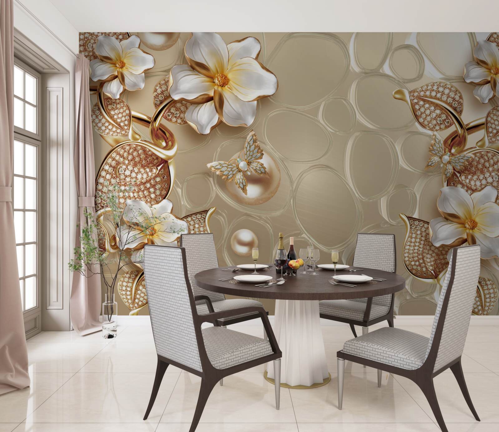 Фотошпалери перлини на шовку розвивають гілки з білими квітами