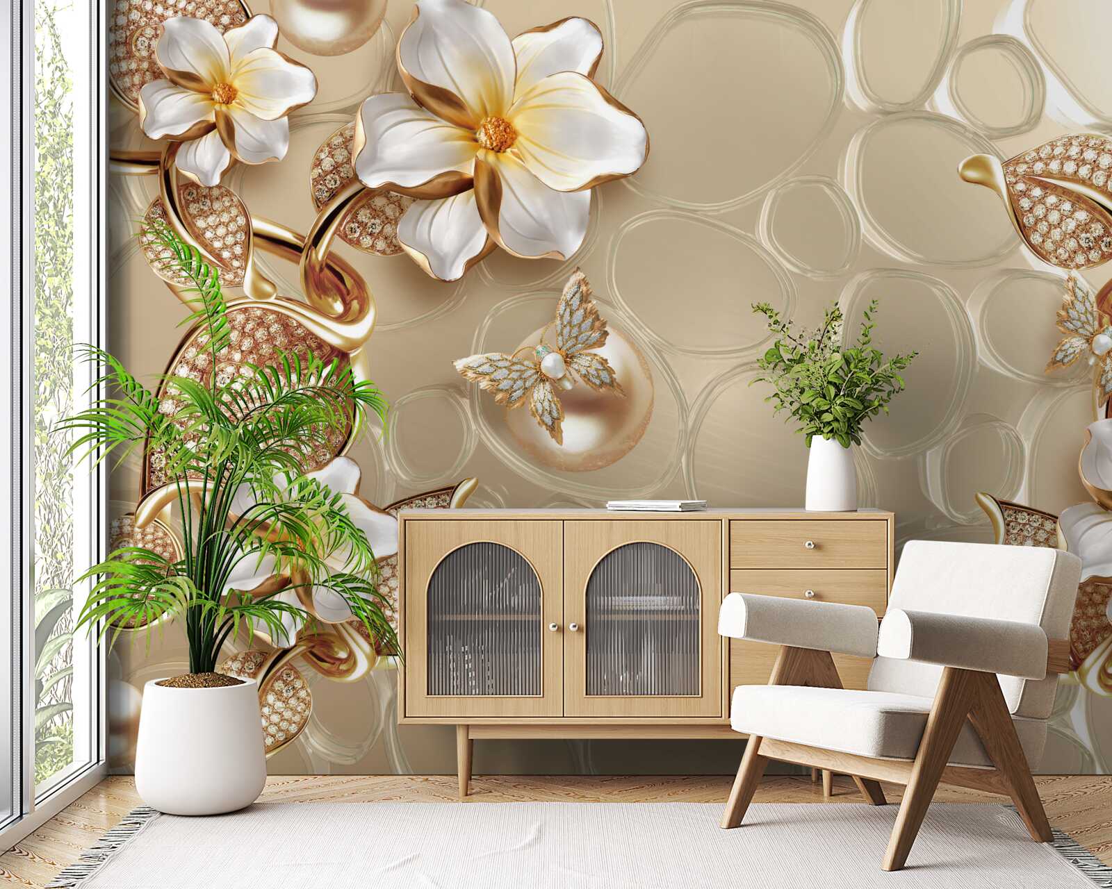 Фотошпалери перлини на шовку розвивають гілки з білими квітами