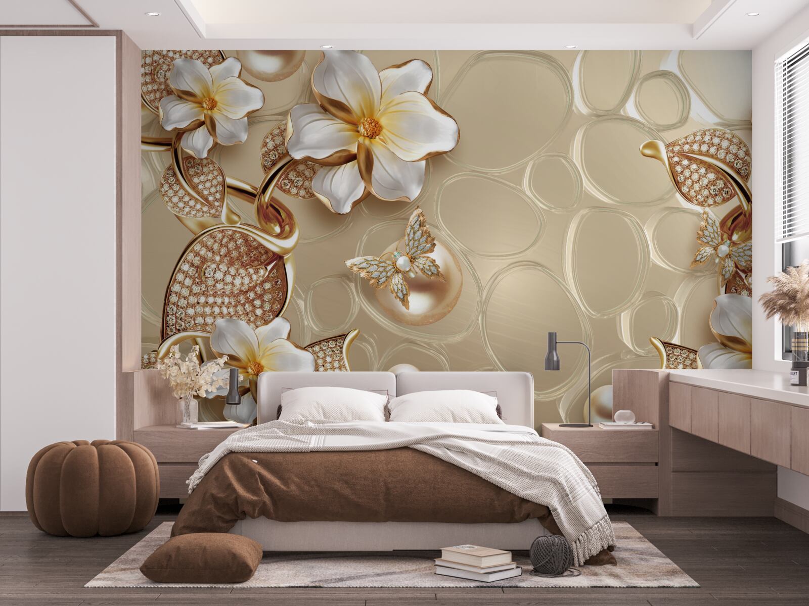 Фотошпалери перлини на шовку розвивають гілки з білими квітами