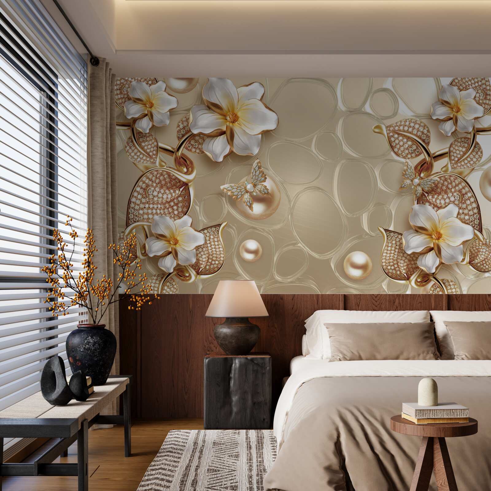 Фотошпалери перлини на шовку розвивають гілки з білими квітами