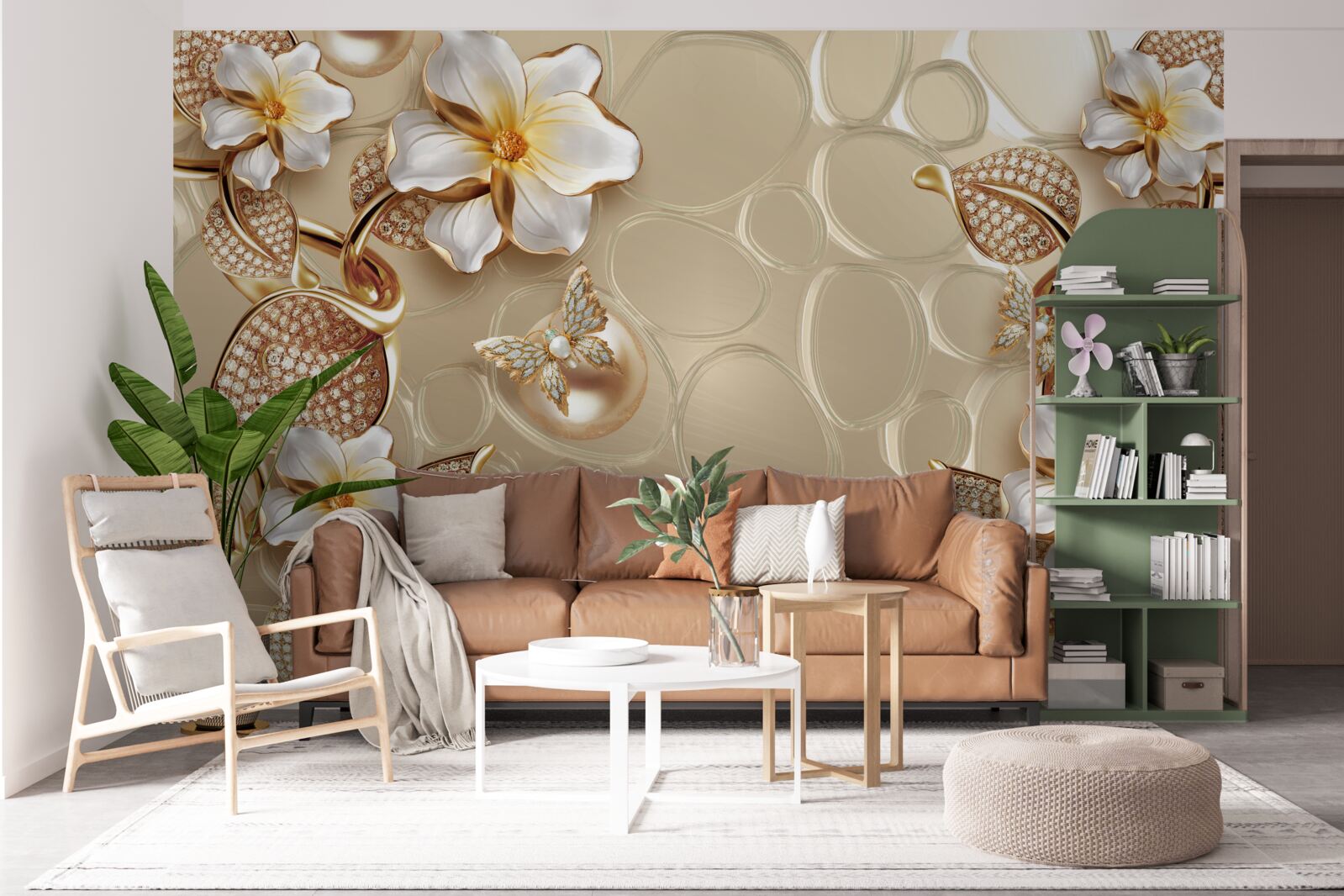 Фотошпалери перлини на шовку розвивають гілки з білими квітами