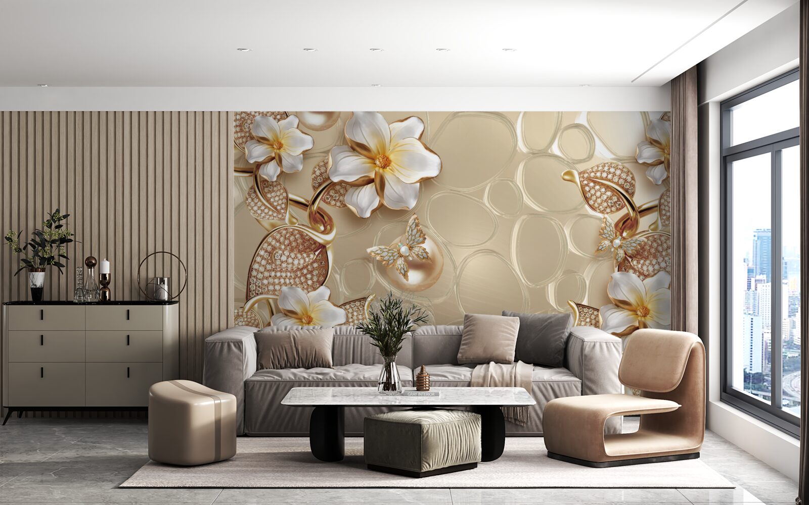 Фотошпалери перлини на шовку розвивають гілки з білими квітами