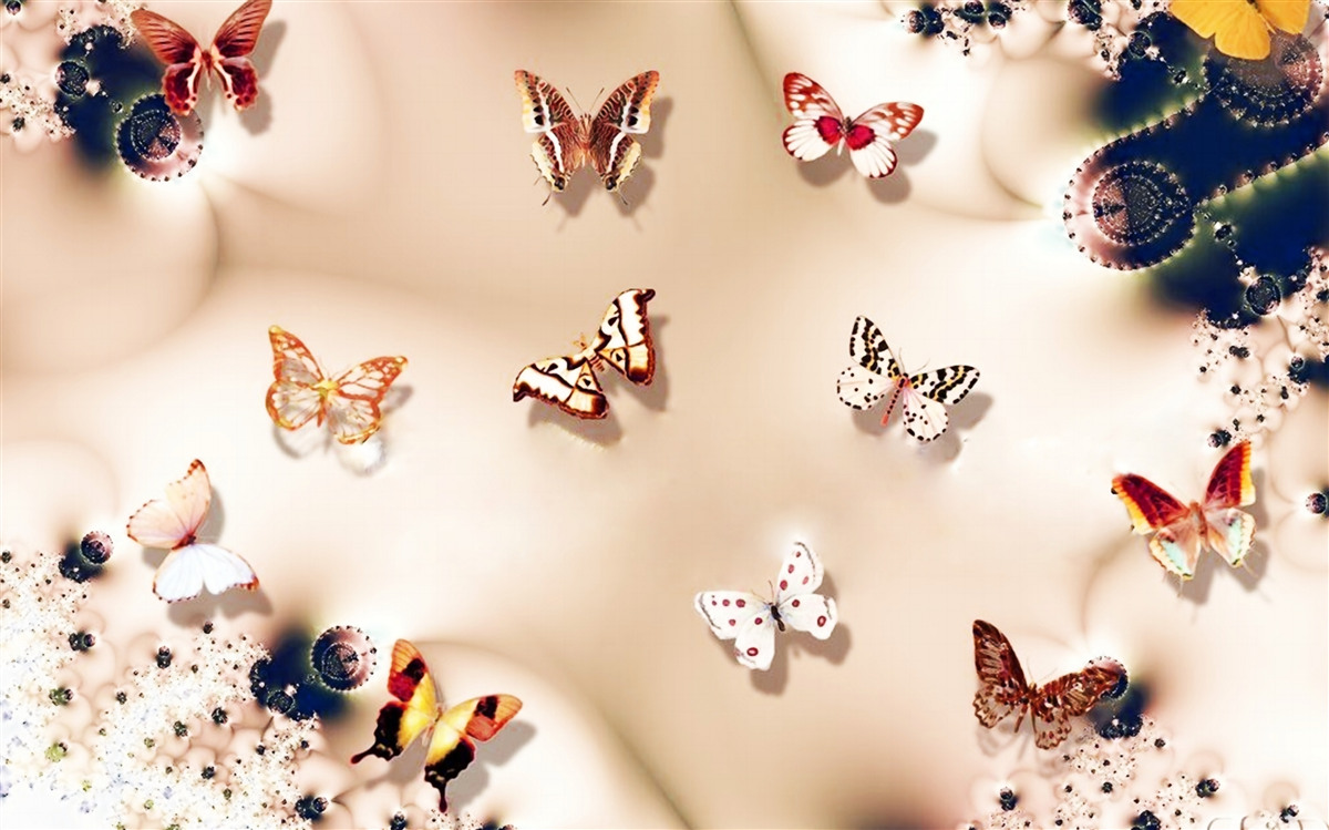 Фотошпалери метелики різних кольорів на рожевому шовку