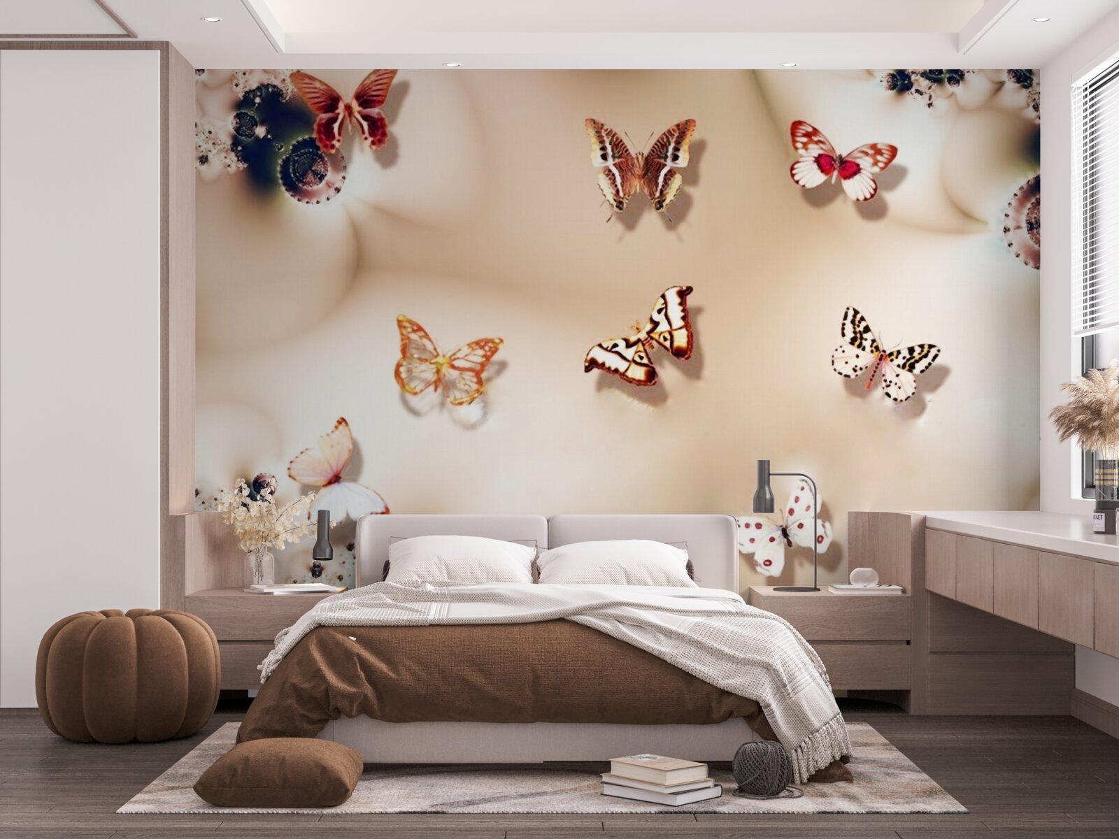 Фотошпалери метелики різних кольорів на рожевому шовку