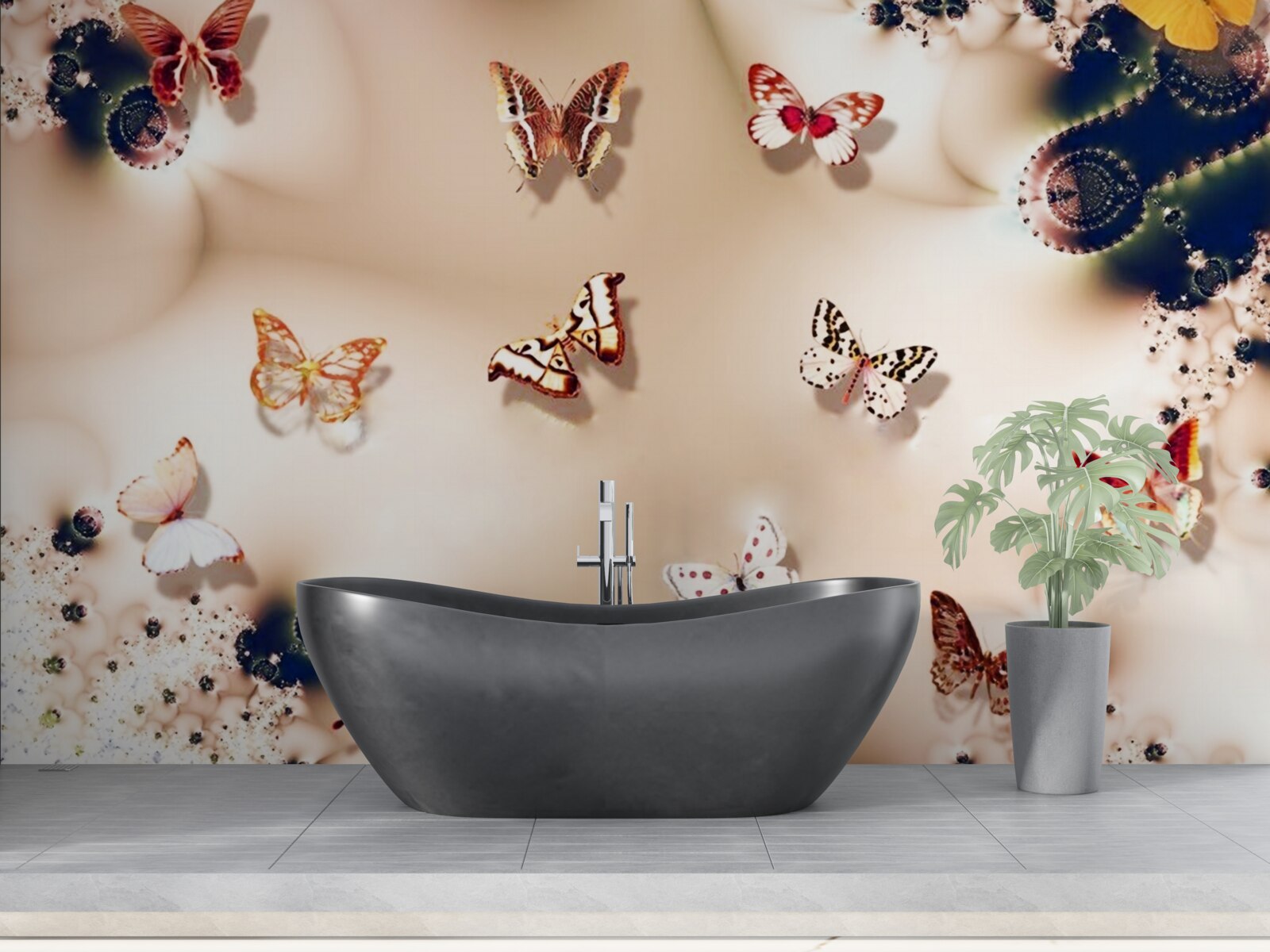 Фотошпалери метелики різних кольорів на рожевому шовку