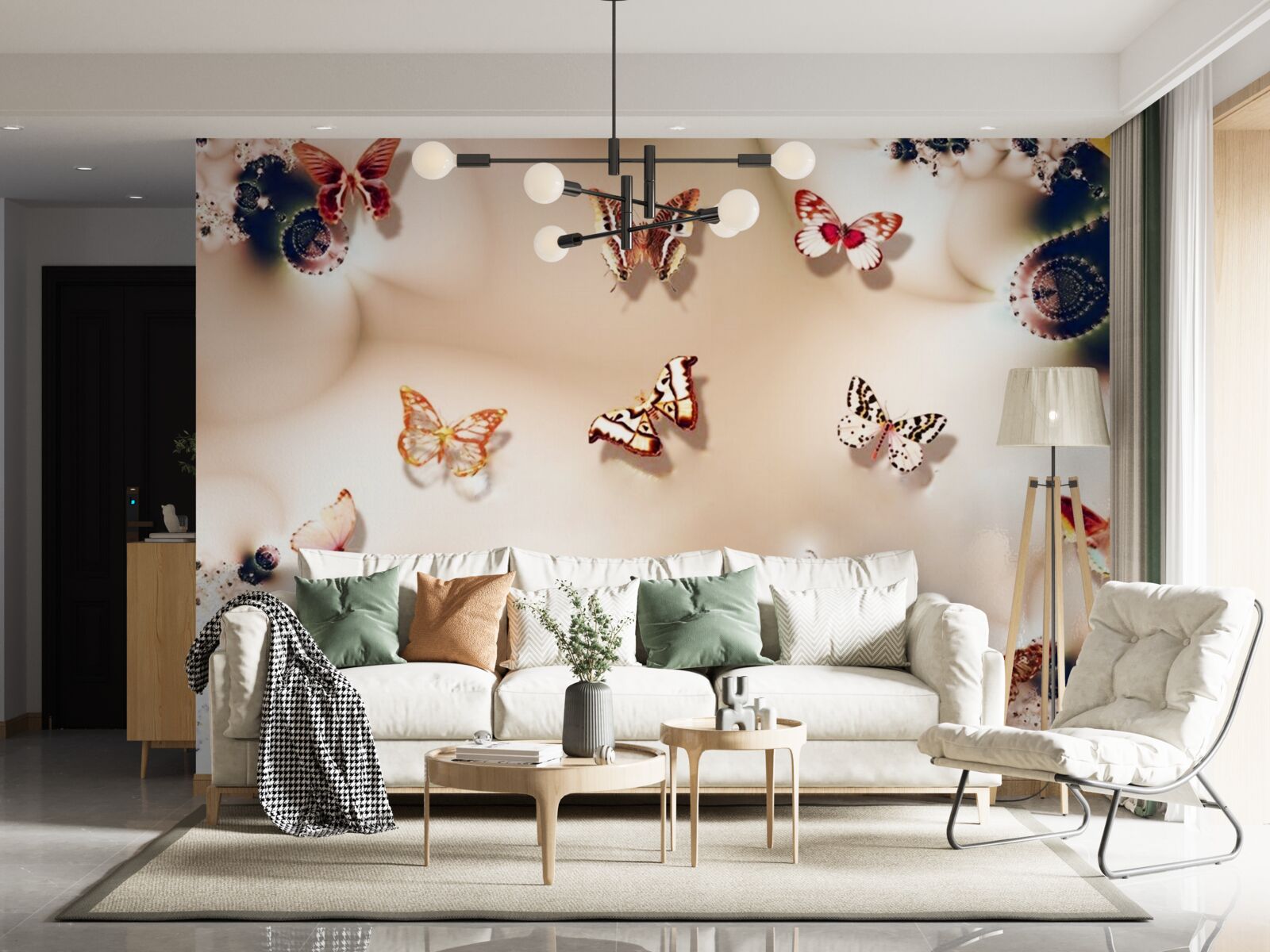 Фотошпалери метелики різних кольорів на рожевому шовку