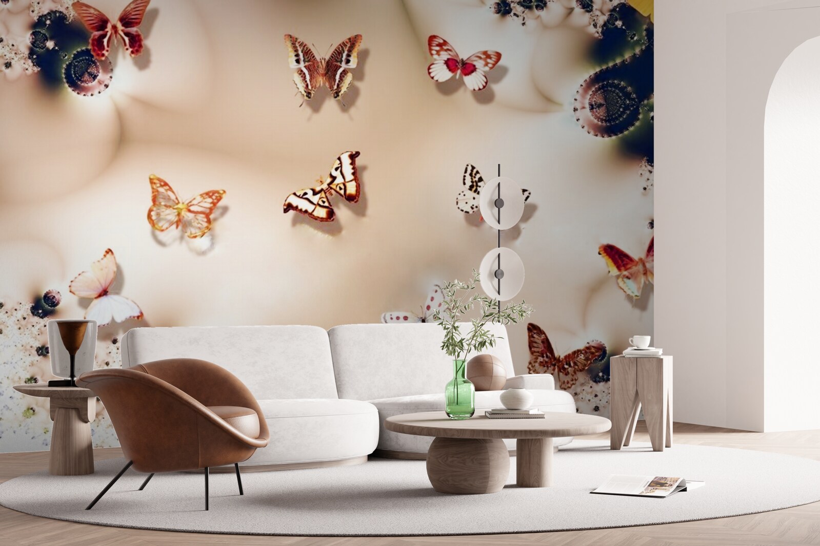 Фотошпалери метелики різних кольорів на рожевому шовку