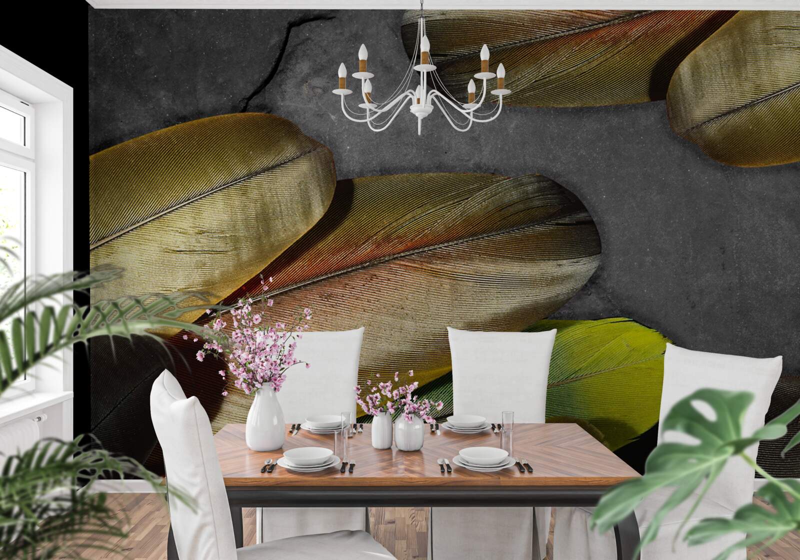 Фотошпалери золоте пір'я виблискує на сірому тлі