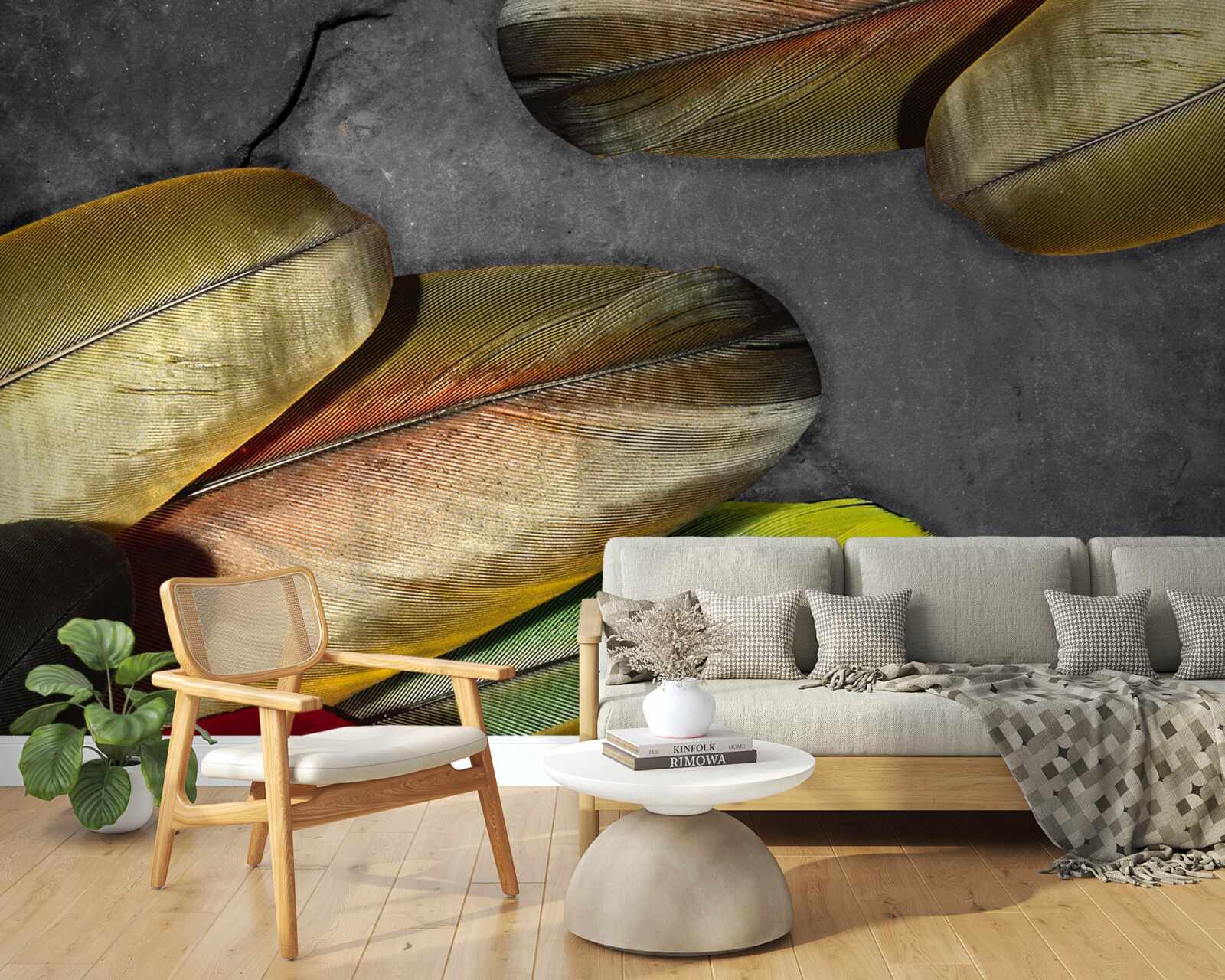 Фотошпалери золоте пір'я виблискує на сірому тлі