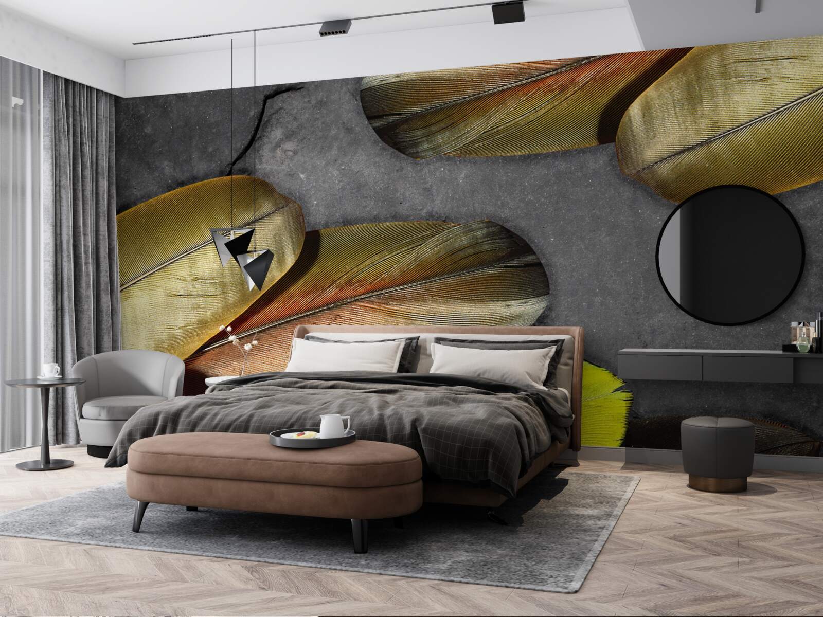 Фотошпалери золоте пір'я виблискує на сірому тлі