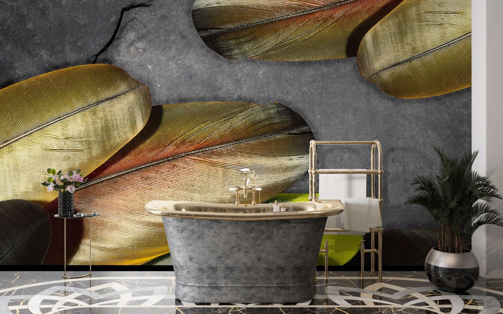 Фотошпалери золоте пір'я виблискує на сірому тлі