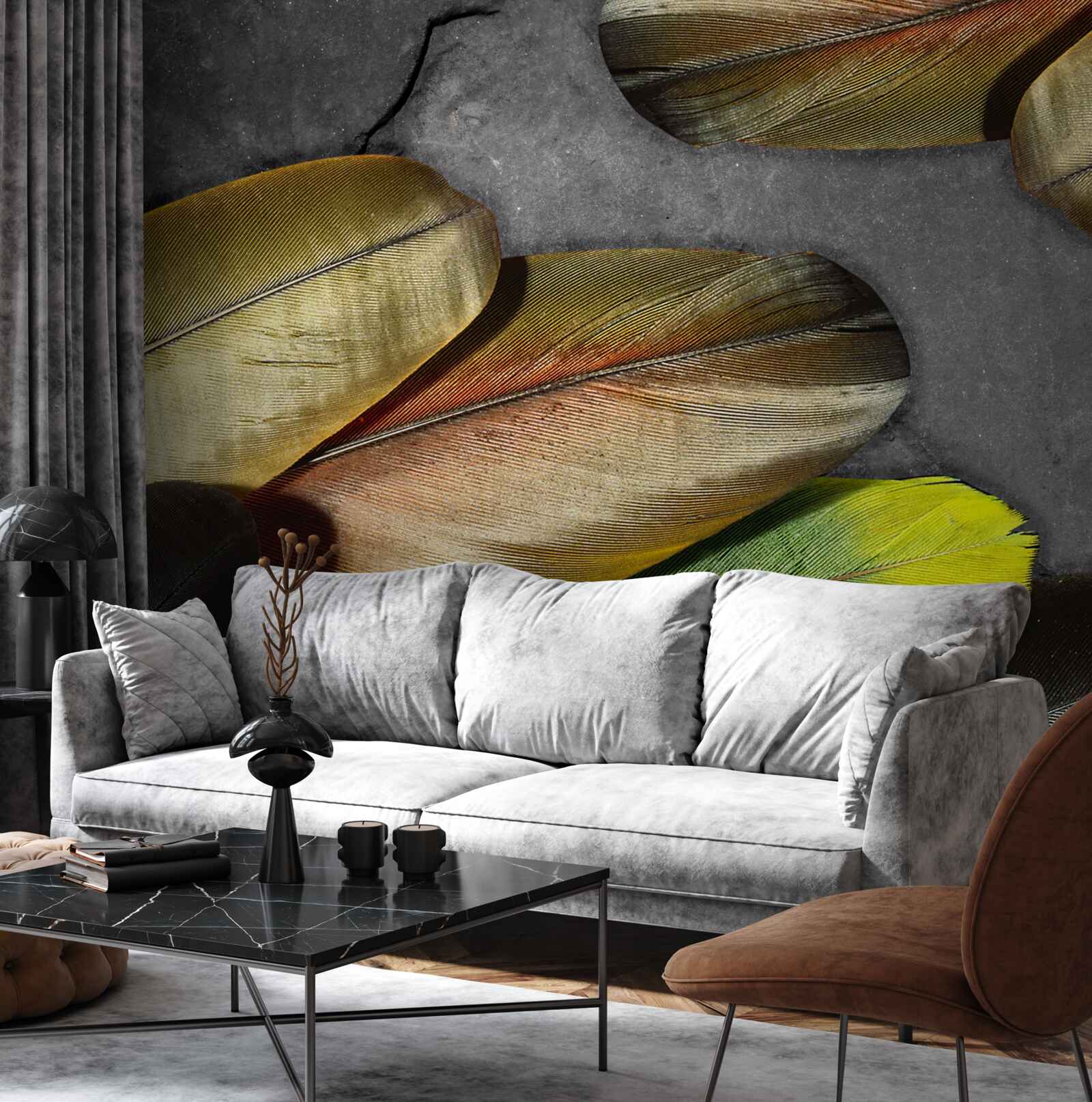 Фотошпалери золоте пір'я виблискує на сірому тлі