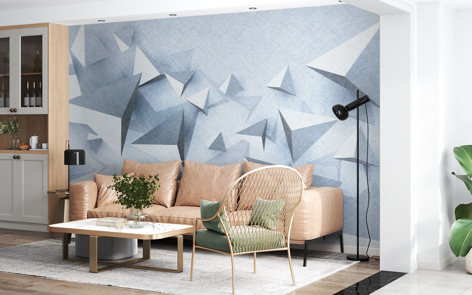 Фотошпалери об'ємні трикутники різних розмірів білого кольору