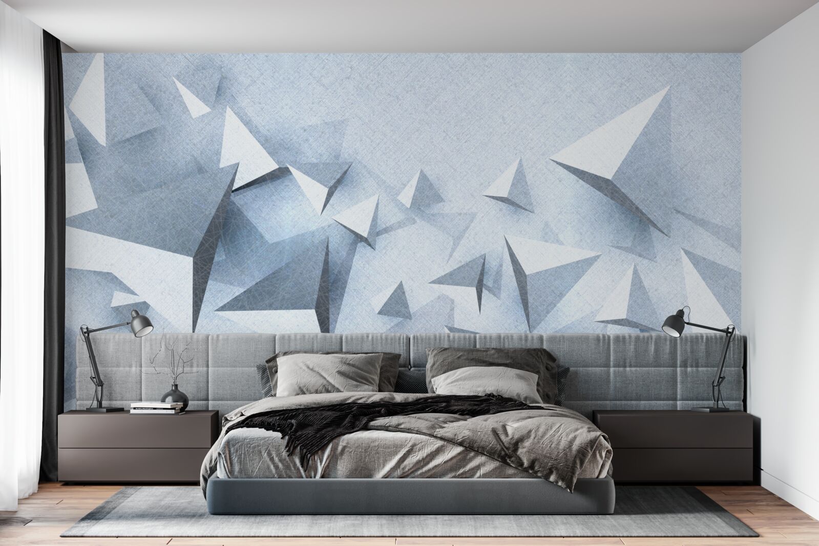 Фотошпалери об'ємні трикутники різних розмірів білого кольору