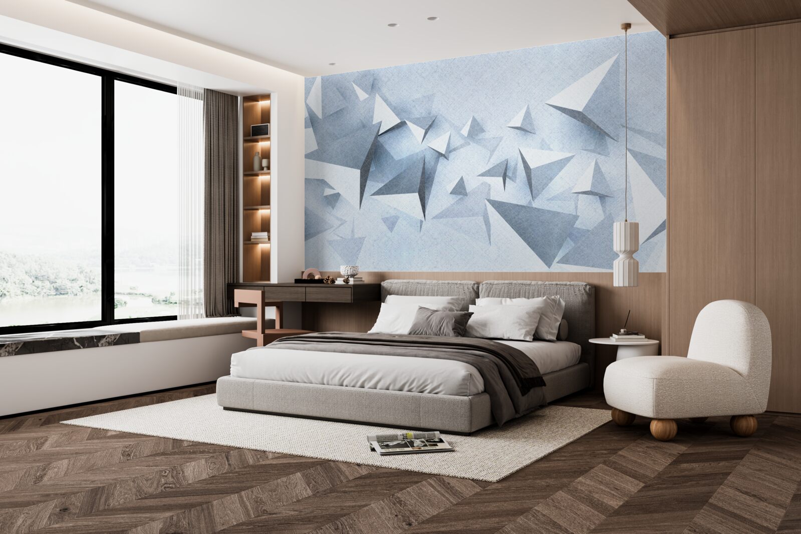 Фотошпалери об'ємні трикутники різних розмірів білого кольору