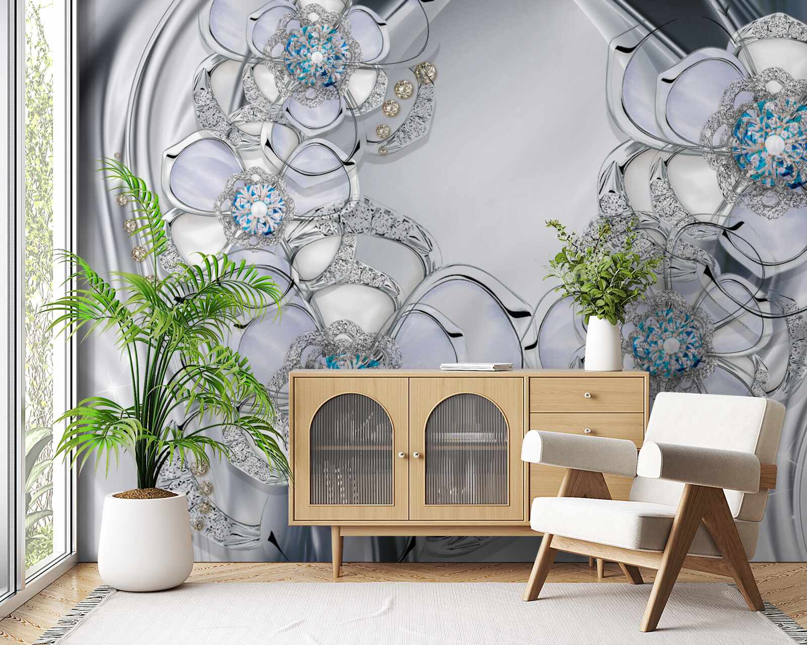 Фотошпалери бутони сріблястого відтінку з блакитними діамантами