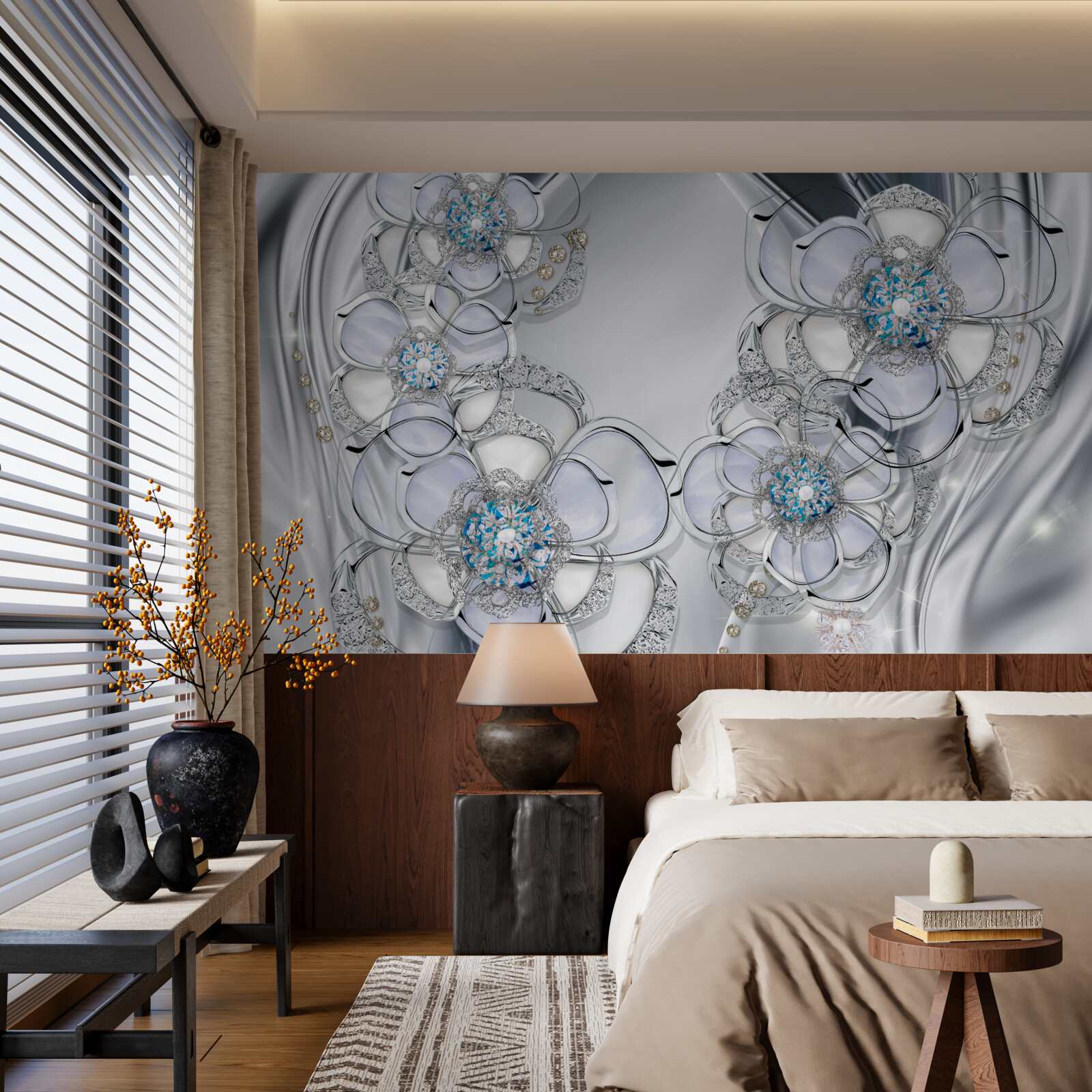 Фотошпалери бутони сріблястого відтінку з блакитними діамантами