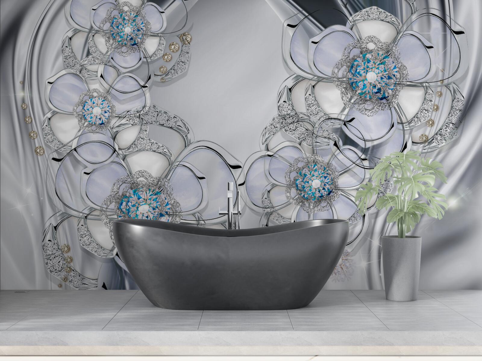 Фотошпалери бутони сріблястого відтінку з блакитними діамантами