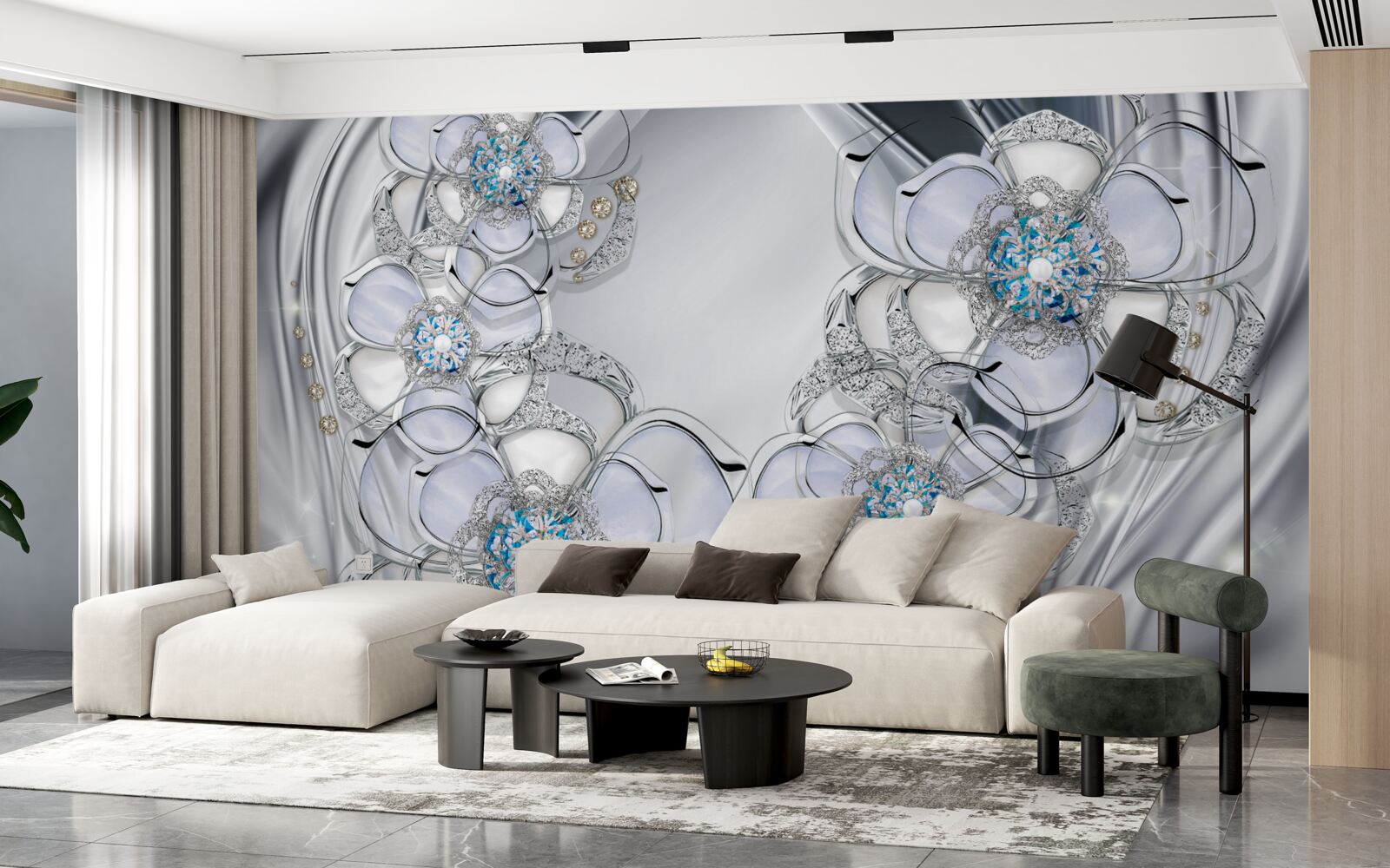 Фотошпалери бутони сріблястого відтінку з блакитними діамантами