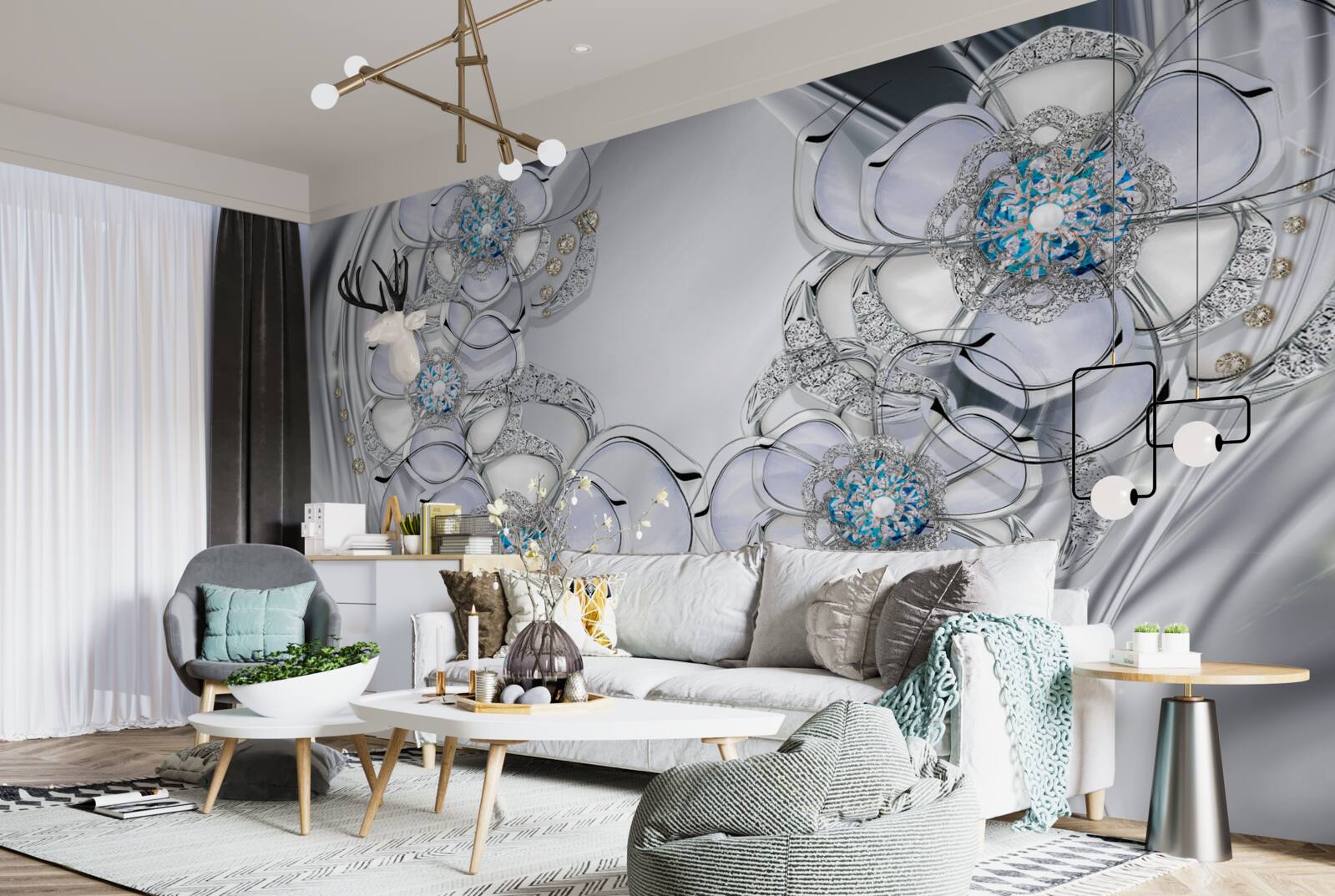 Фотошпалери бутони сріблястого відтінку з блакитними діамантами