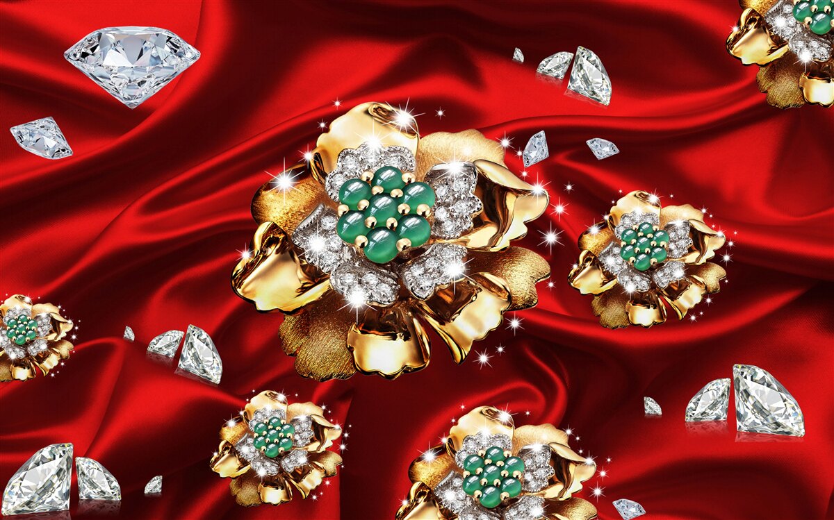 Фотошпалери квіти, виготовлені з золота та прикрашені діамантами, розміщені на червоному шовку