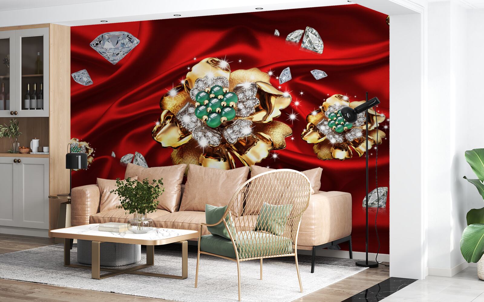 Фотошпалери квіти, виготовлені з золота та прикрашені діамантами, розміщені на червоному шовку