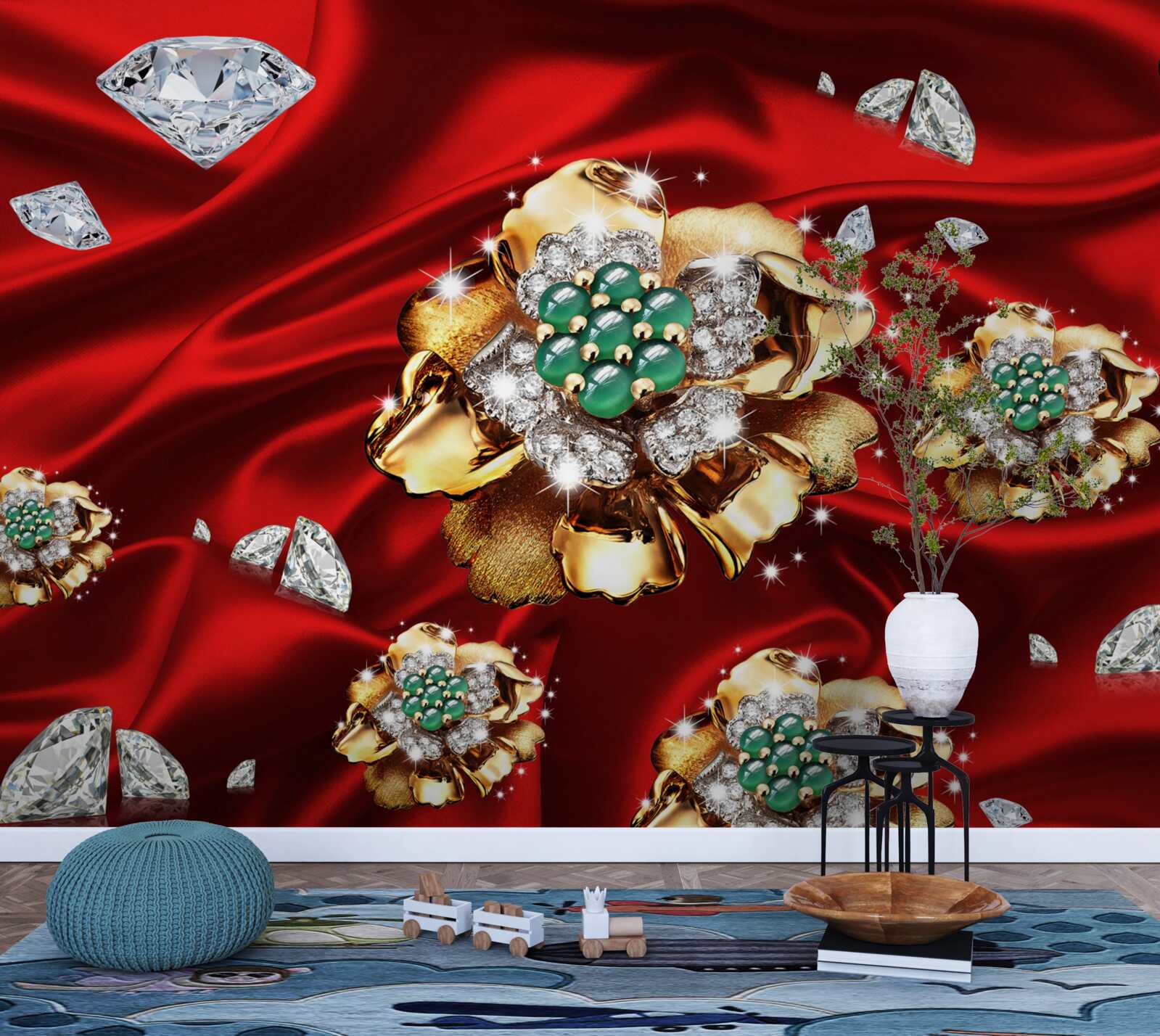 Фотошпалери квіти, виготовлені з золота та прикрашені діамантами, розміщені на червоному шовку