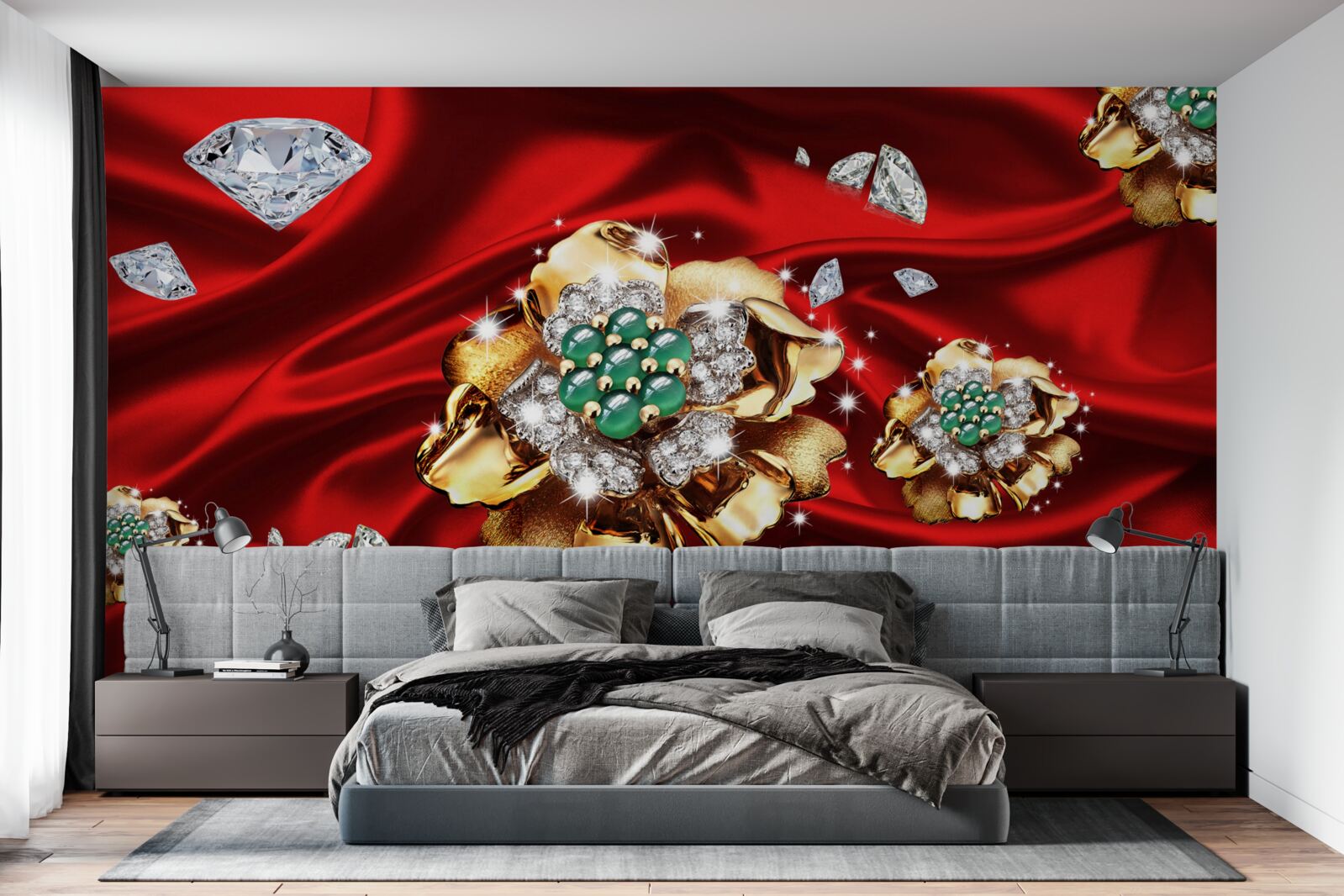 Фотошпалери квіти, виготовлені з золота та прикрашені діамантами, розміщені на червоному шовку