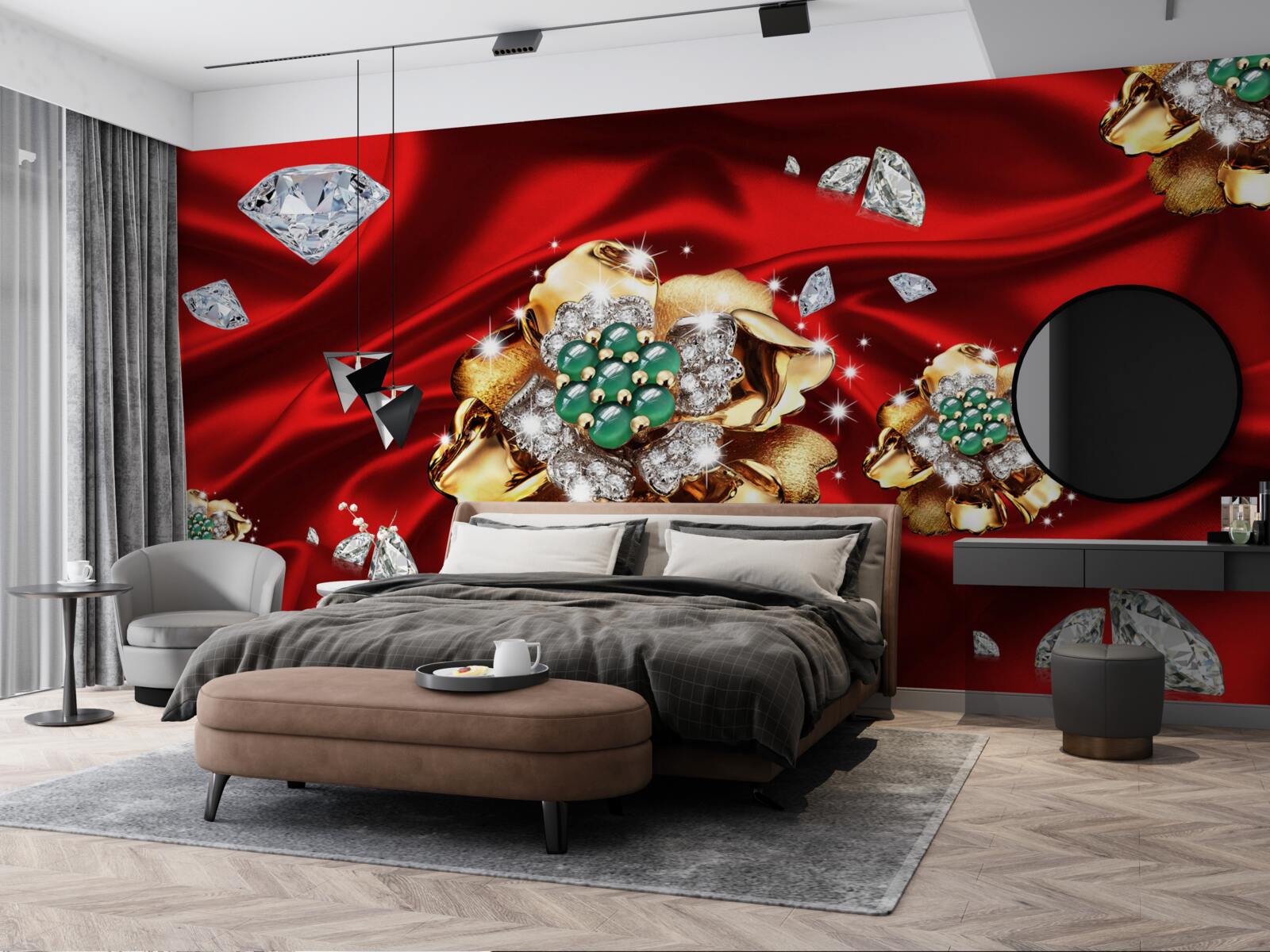 Фотошпалери квіти, виготовлені з золота та прикрашені діамантами, розміщені на червоному шовку