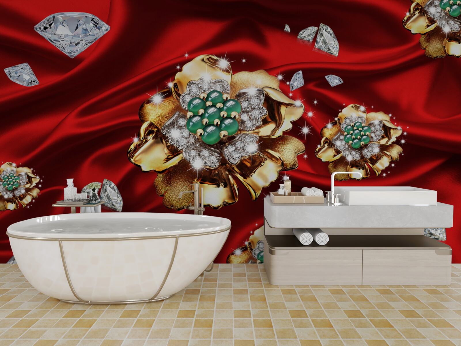 Фотошпалери квіти, виготовлені з золота та прикрашені діамантами, розміщені на червоному шовку