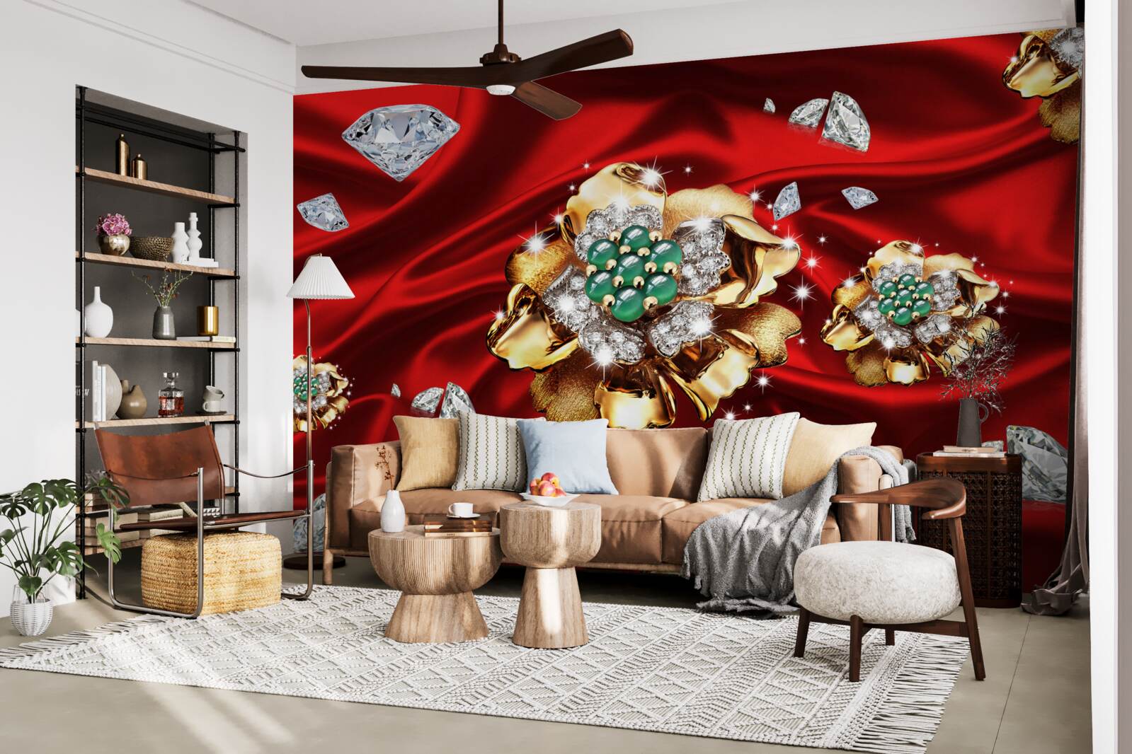 Фотошпалери квіти, виготовлені з золота та прикрашені діамантами, розміщені на червоному шовку