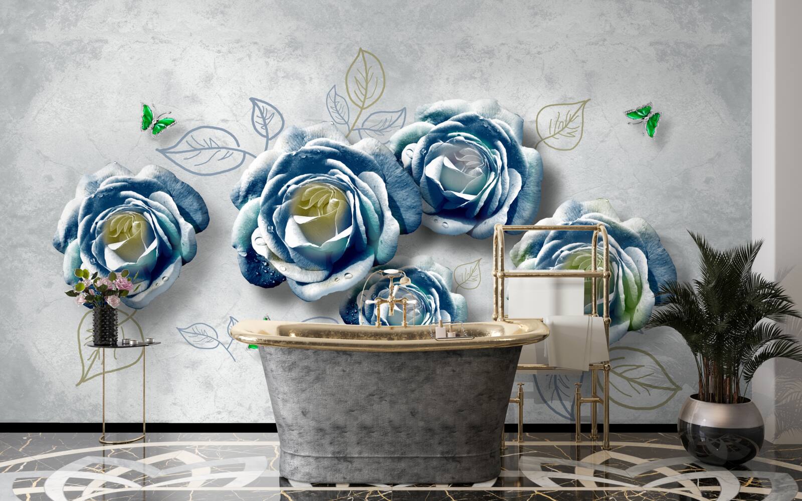 Фотошпалери троянди з незвичайним синьо-білим забарвленням