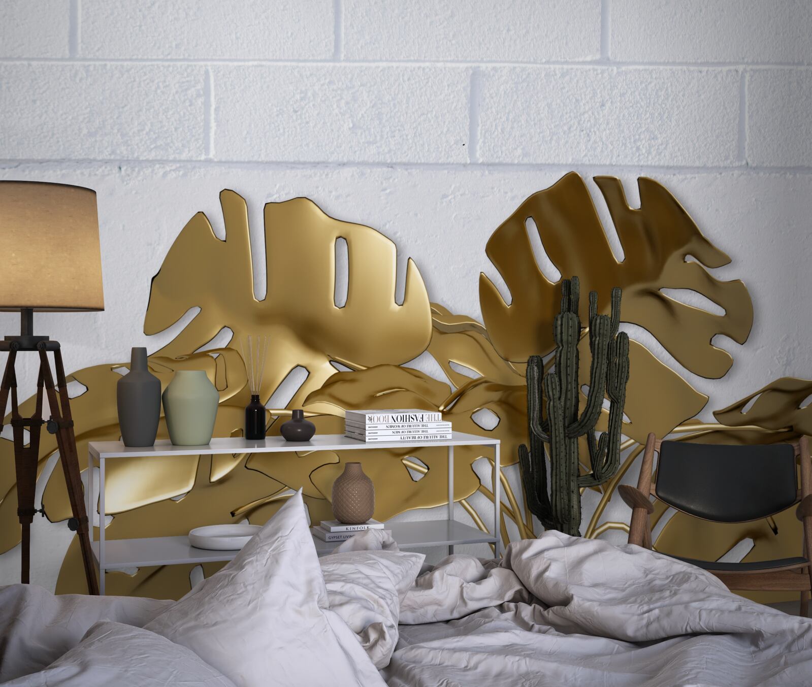 Фотошпалери листя тропічної міді на поверхні цегли