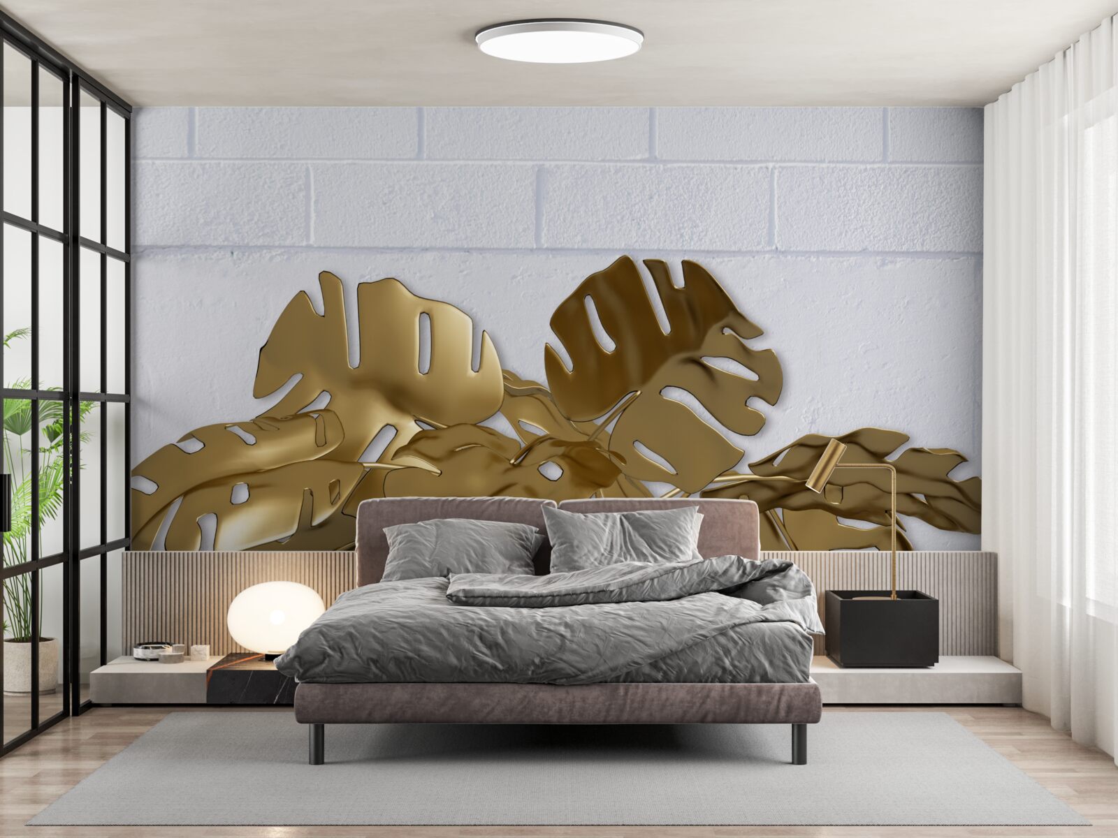 Фотошпалери листя тропічної міді на поверхні цегли