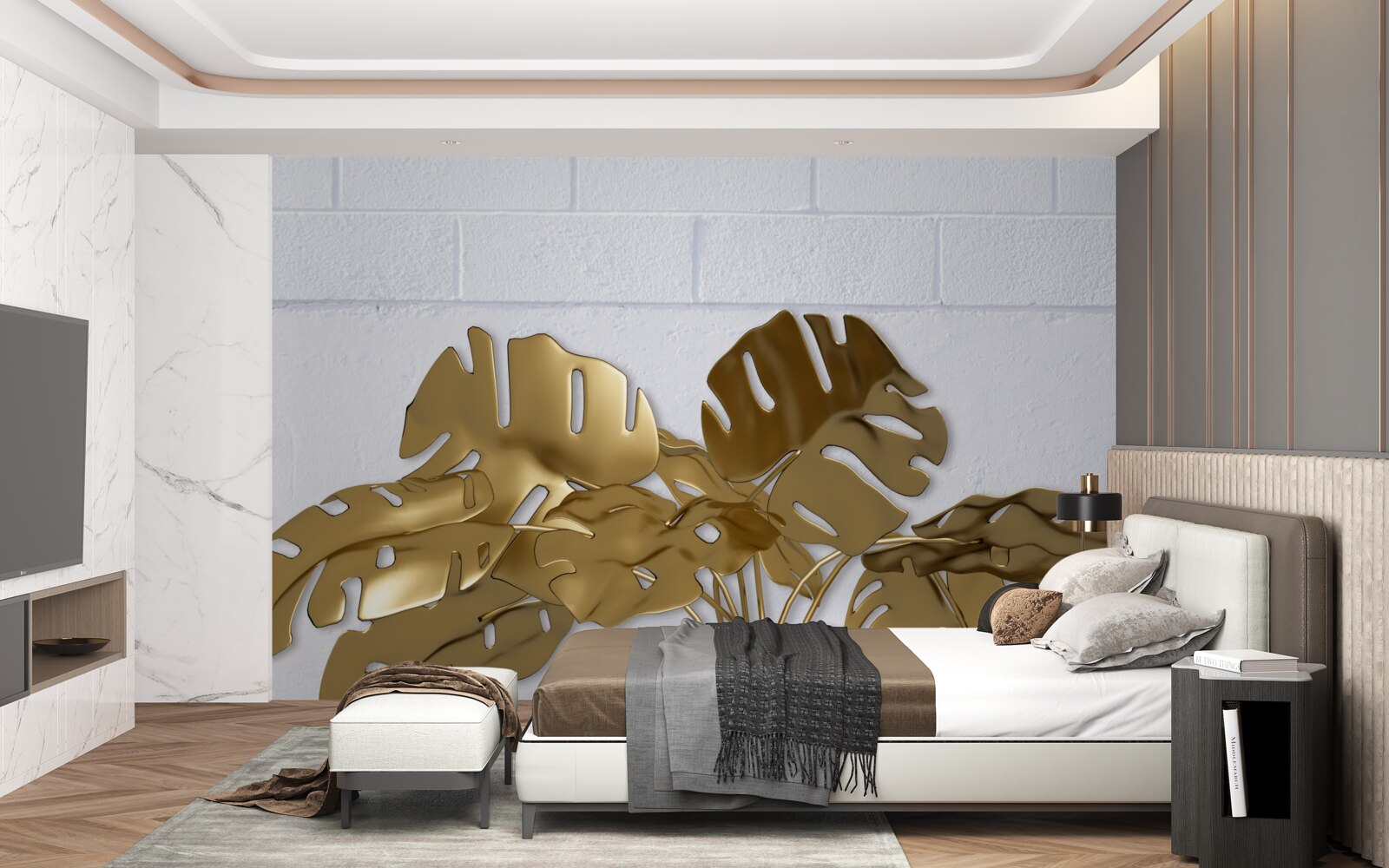 Фотошпалери листя тропічної міді на поверхні цегли