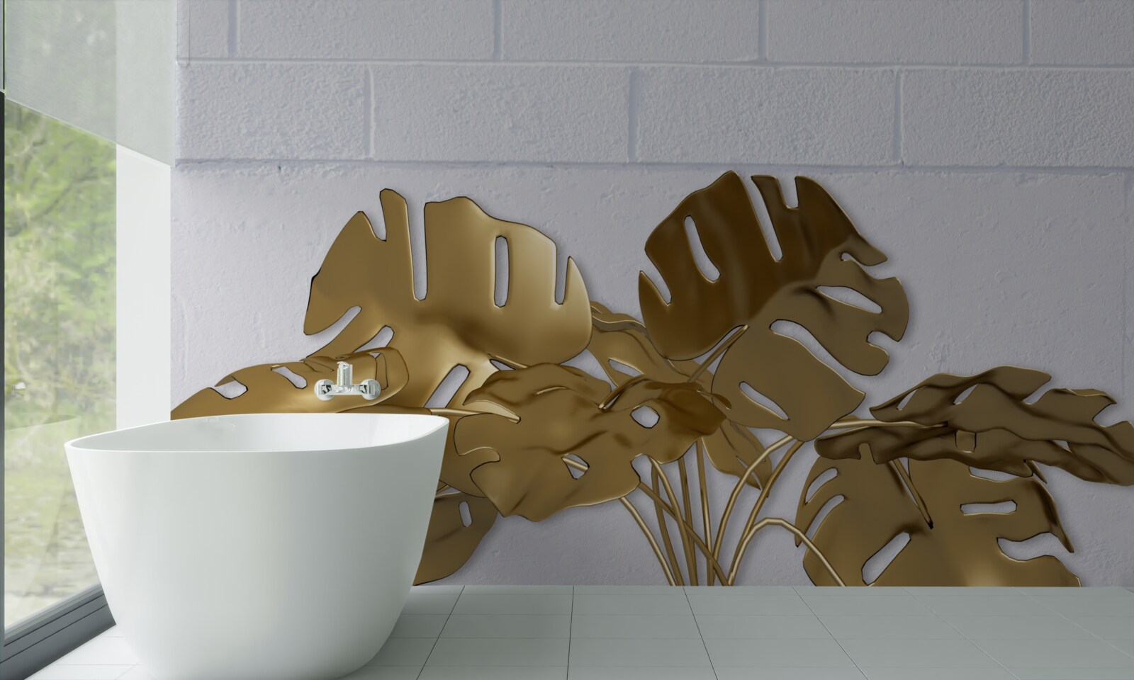 Фотошпалери листя тропічної міді на поверхні цегли