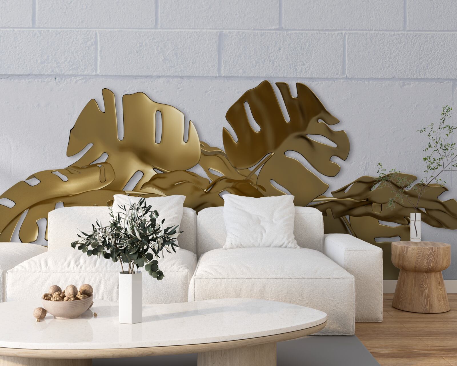 Фотошпалери листя тропічної міді на поверхні цегли