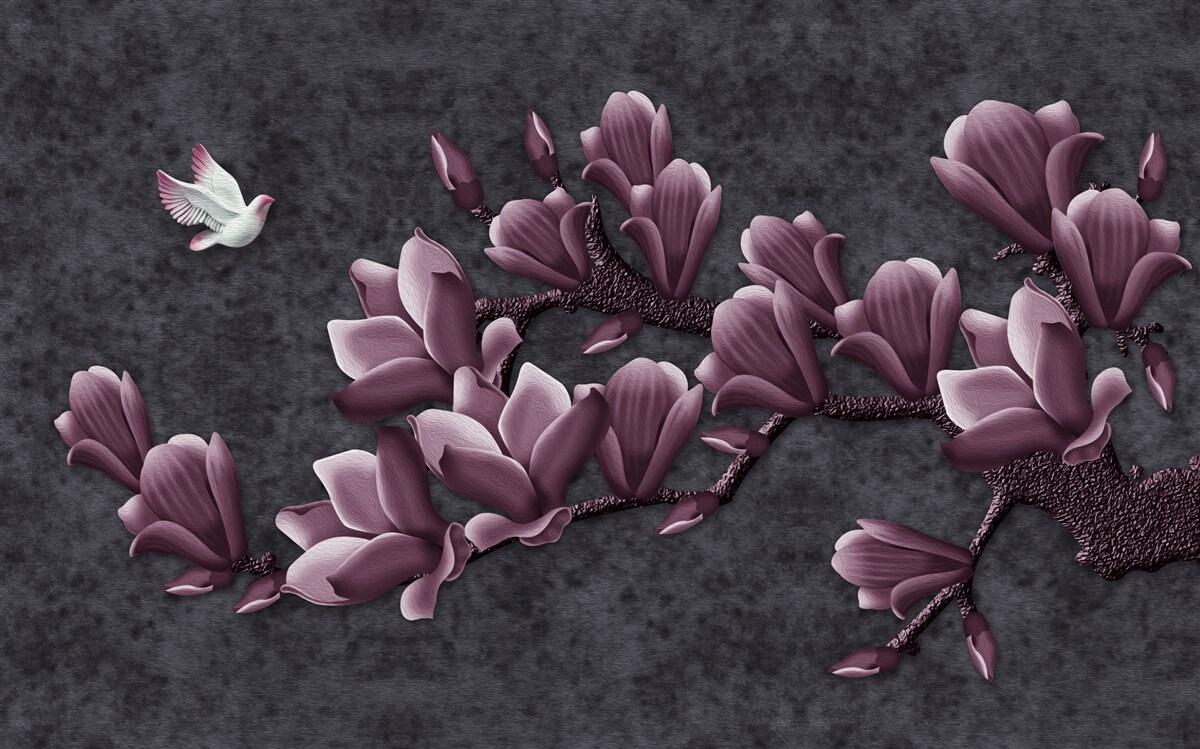 Фотошпалери бузковий відтінок птаха та магнолії