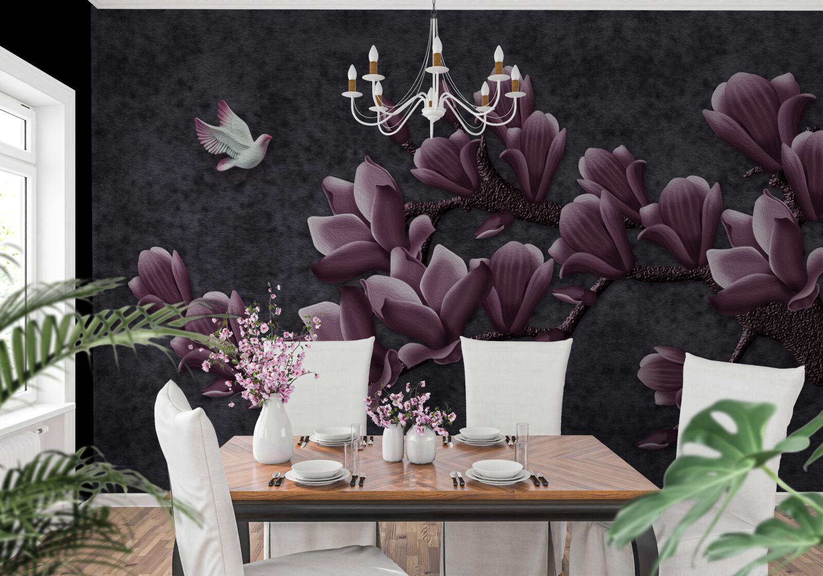 Фотошпалери бузковий відтінок птаха та магнолії