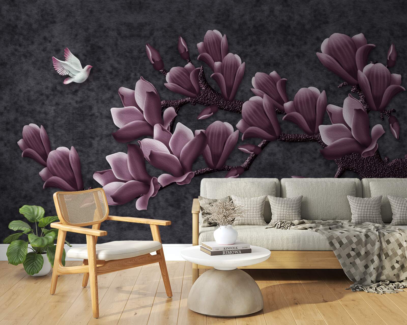 Фотошпалери бузковий відтінок птаха та магнолії