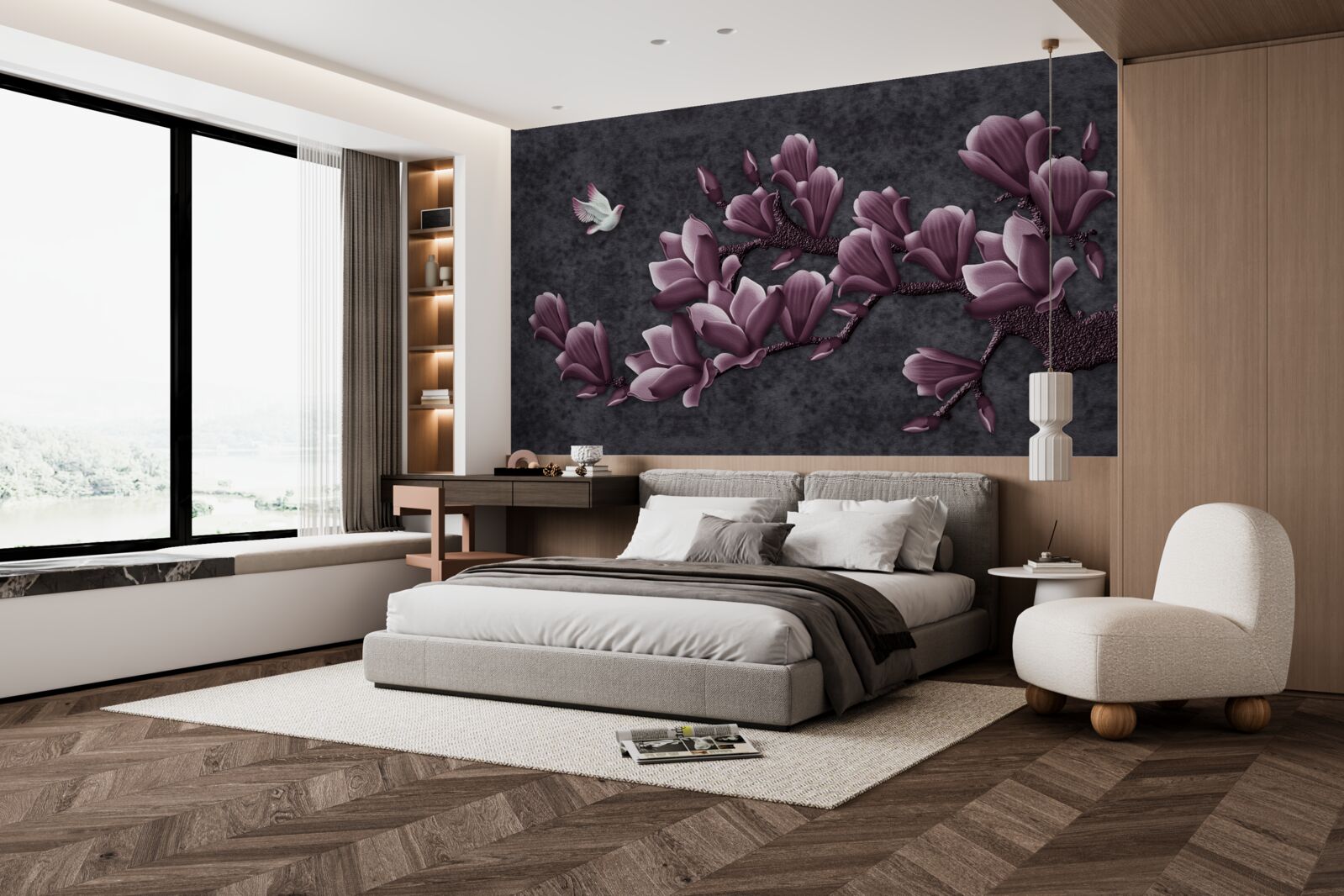 Фотошпалери бузковий відтінок птаха та магнолії