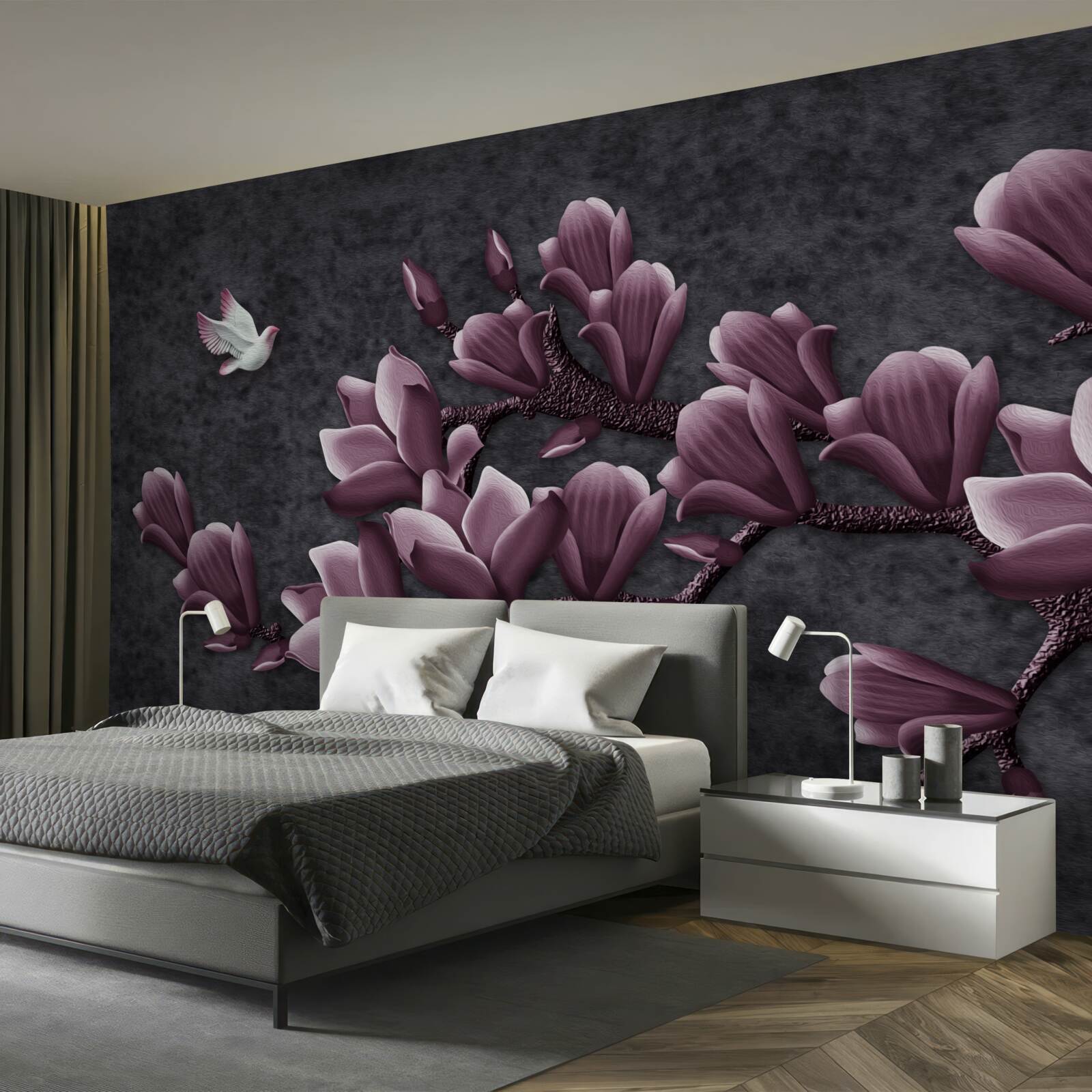 Фотошпалери бузковий відтінок птаха та магнолії