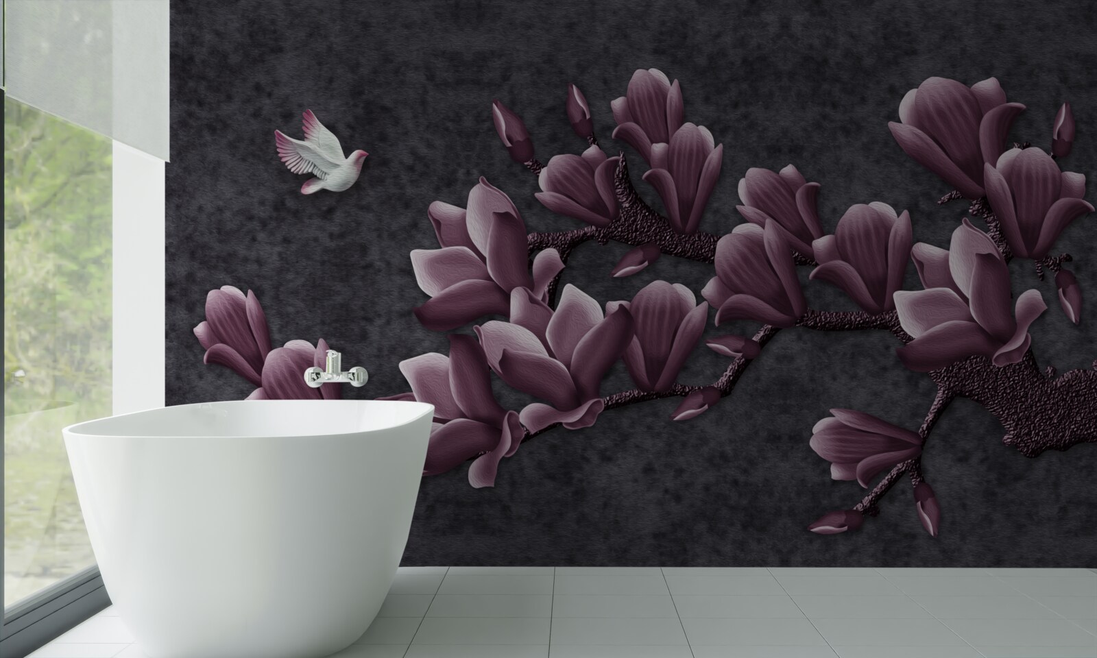 Фотошпалери бузковий відтінок птаха та магнолії