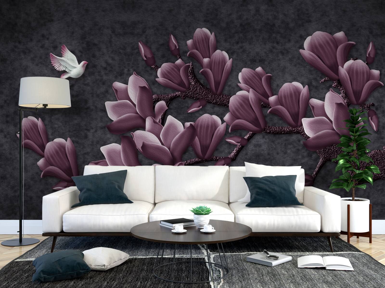 Фотошпалери бузковий відтінок птаха та магнолії