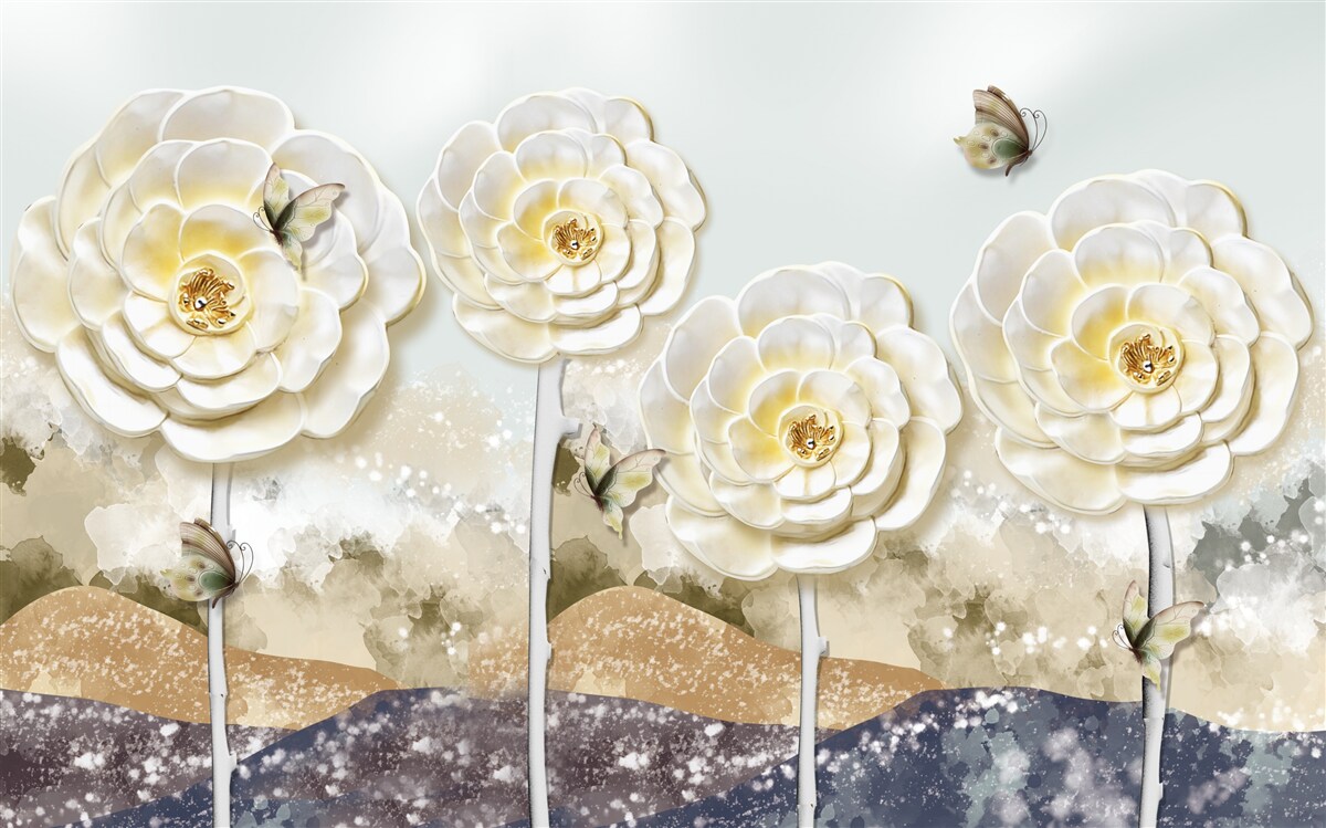 Фотошпалери метелики літають біля величезних кремових бутонів