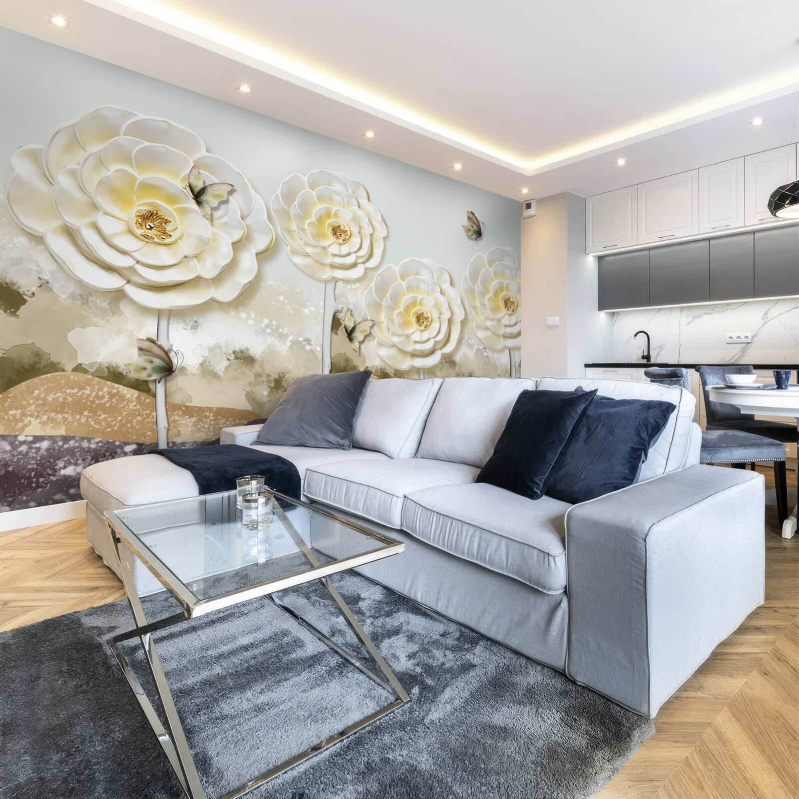 Фотошпалери метелики літають біля величезних кремових бутонів