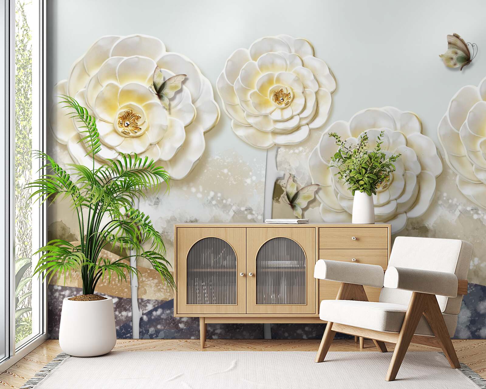 Фотошпалери метелики літають біля величезних кремових бутонів