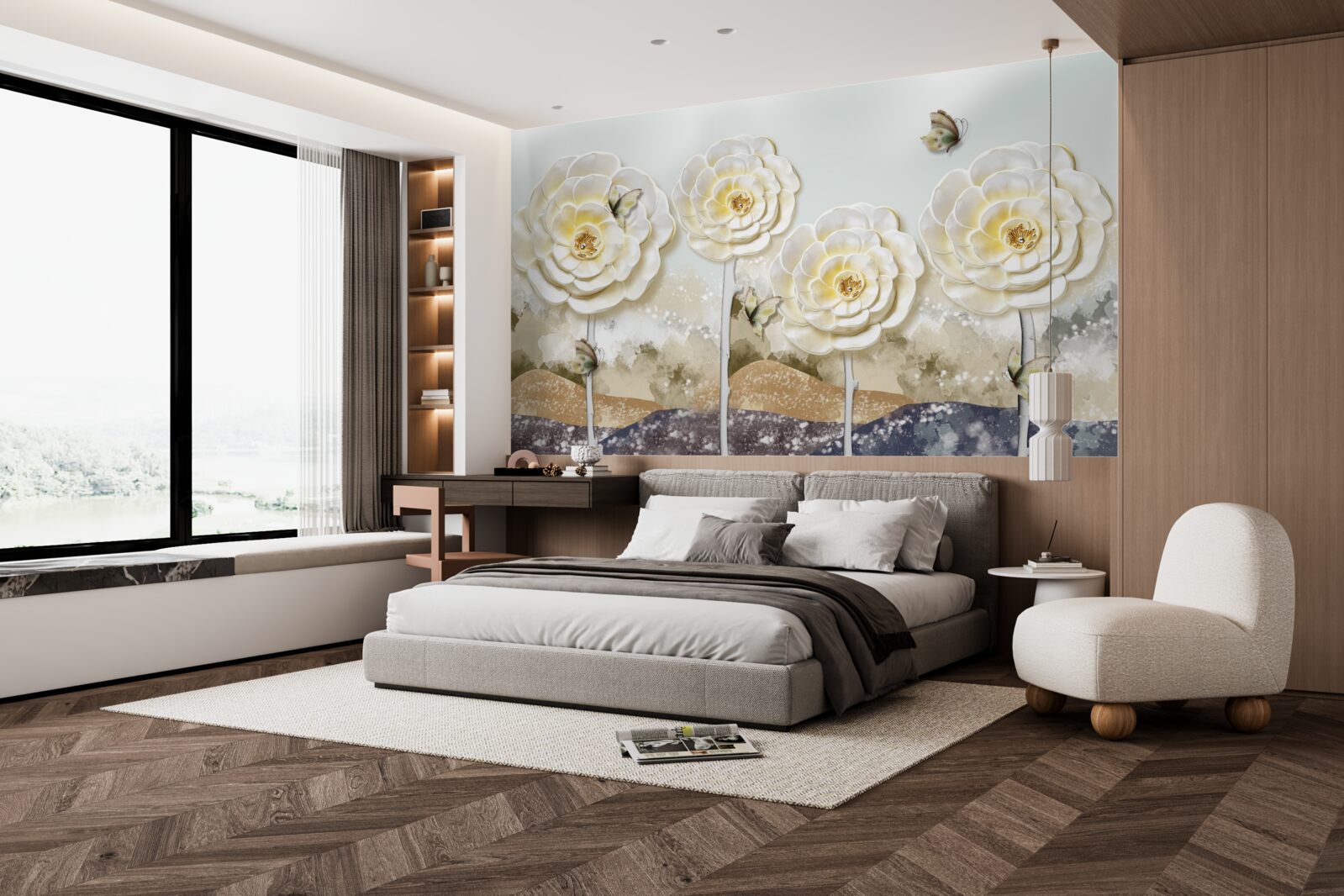 Фотошпалери метелики літають біля величезних кремових бутонів